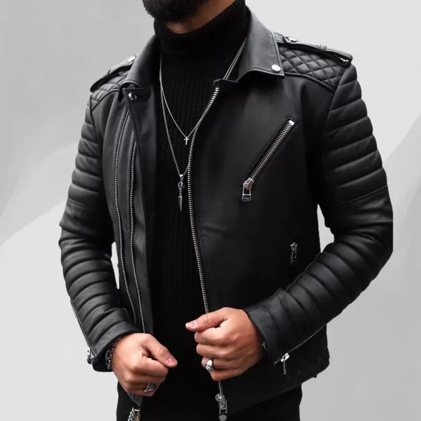 Mens Solid Black Leather Jacket